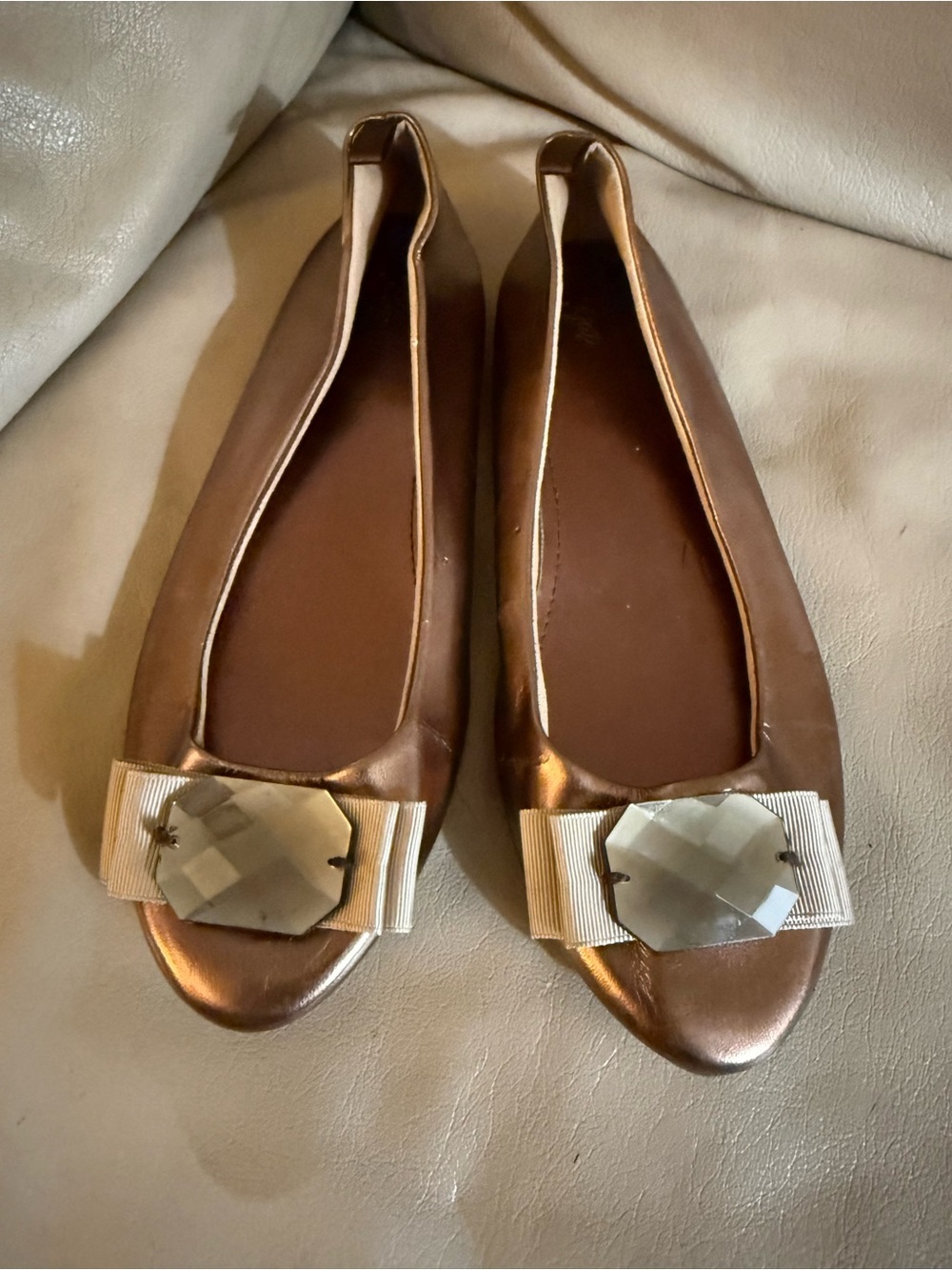GAP Metallic Brown Ballet Flats with Cream Bow and Crystal Accent
